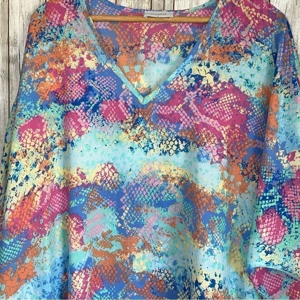 Adrienne Sheer Snake Print Oversized V-Neck Tunic Blouse Blue Pink Size S - Picture 3 of 5